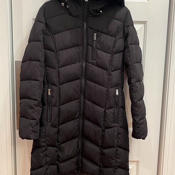 Calvin Klein Faux-Fur Hooded Black Zip Up Puffer Coat Women's Size Medium ~ EUC - Picture 1 of 16